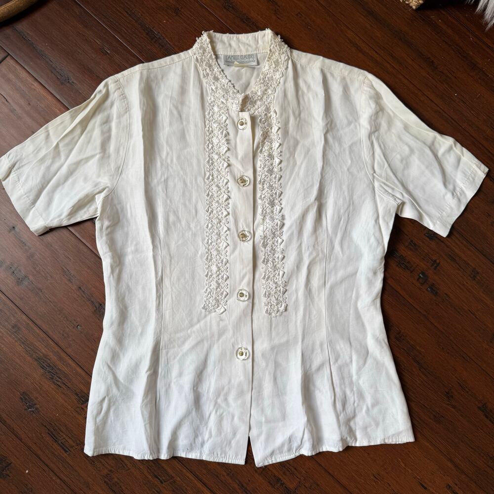 Vintage 90s Embroidered Button Down Short Sleeve Top Size Small Victorian Modest